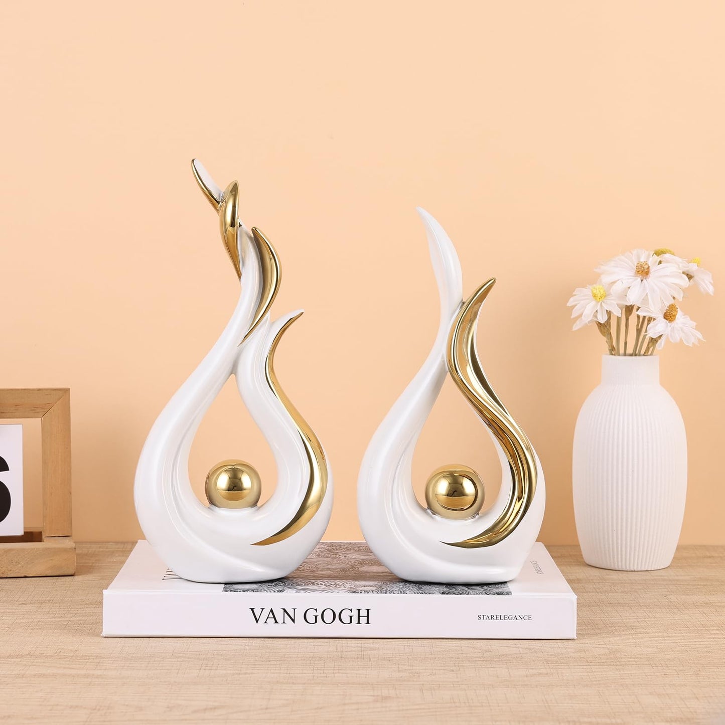 2PCS Abstract Flame Ceramic Sculpture Set – Modern Figurines for Living Room Table Centerpiece, Dining Table Decor, Bedroom Table Decor, Shelf Sculpture, Fireplace, and Home Decoration (White Gold)