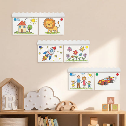 Yookeer Set of 3 Scalloped Magnetic Art Hanger Wall Mounted Artwork Display Bar with Strong Magnets White Wooden Picture Memo Holder for Art Decor Home