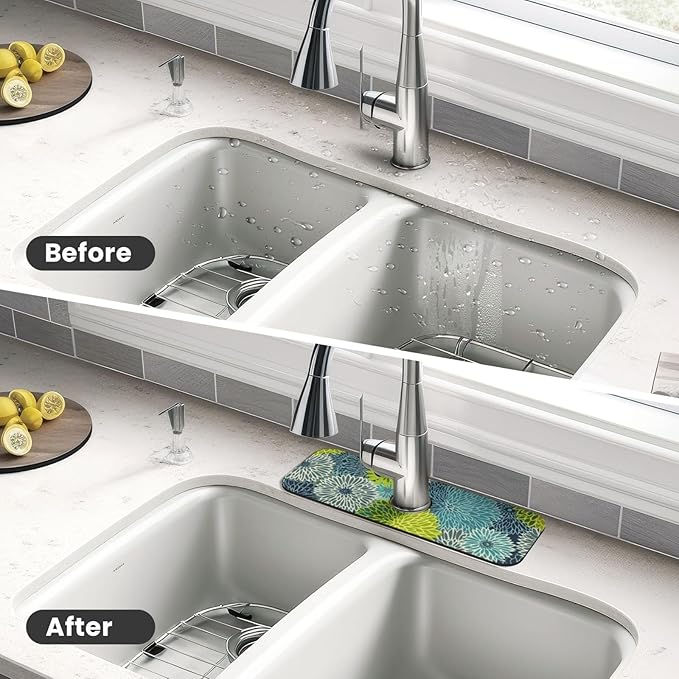 Kitchen Faucet Mat 15 x 5.5 Inch Abstract retro flower Faucet Draining Mat