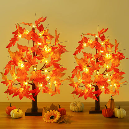 Joyhalo 2 Pack 23.5 Inch Fall Trees with Lights, Timer Battery Operated Fall Light Up Tree for Thanksgiving Autumn Home Office Room Indoor Decorations, Faux Fall Lighted Maple Trees Decor