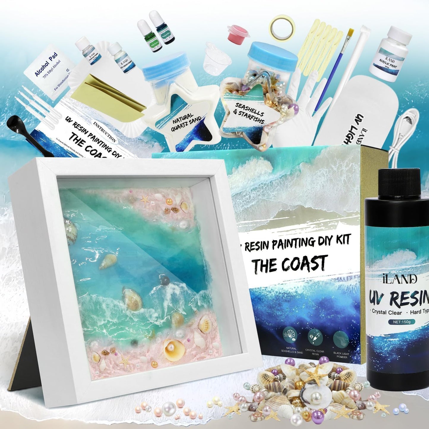 iLAND Crafts for Adults Zen Ocean Resin Art Kit, Creative Teen Crafts Resin Kit for Beginners, Crafting Hobbies for Women, DIY Sea Art Projects for Adults, Unique Beach Themed Gifts for Crafty Crafter