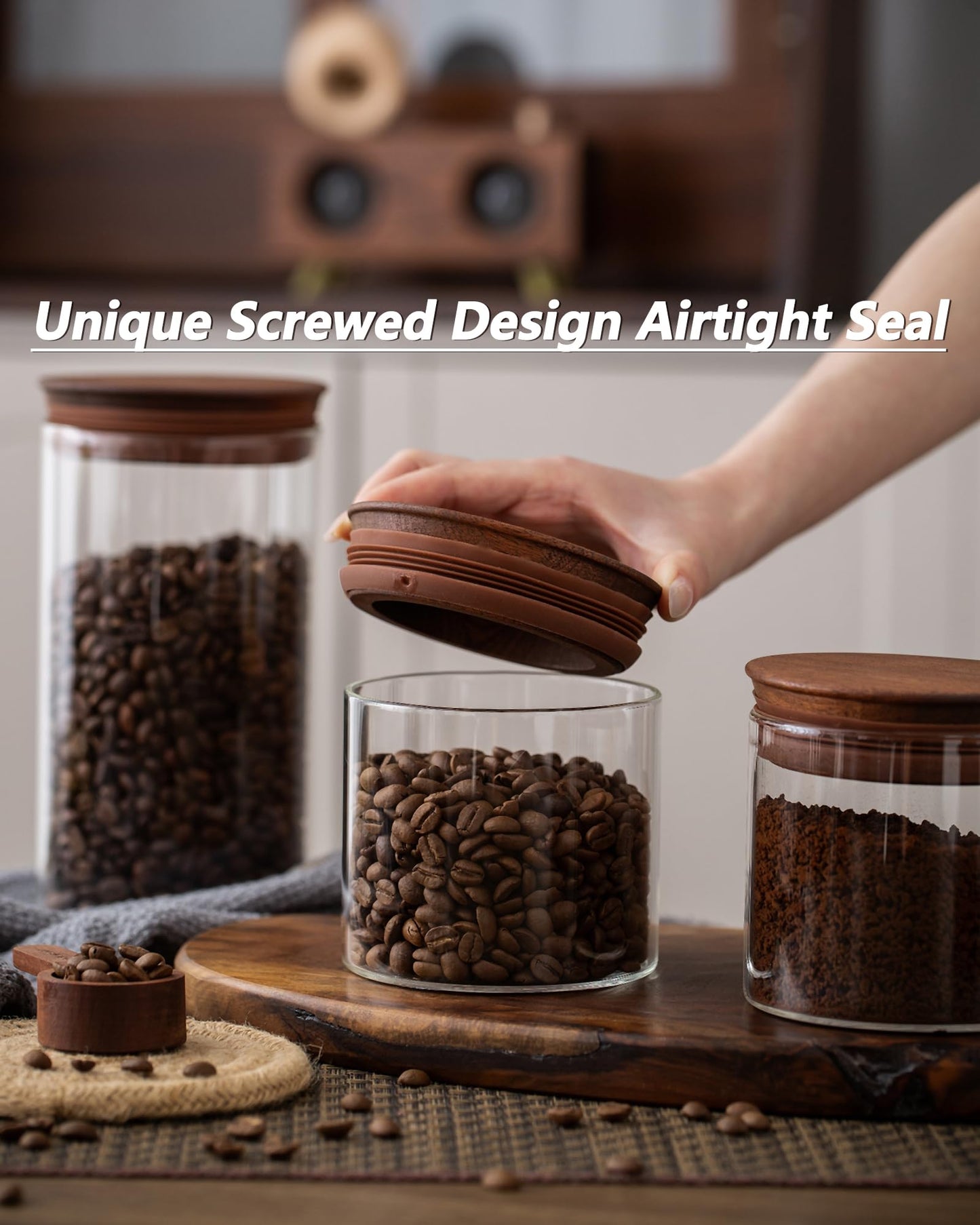 BOILMERIT 17 oz Coffee Canister with Scoop and Wooden Lids, Airtight Glass Coffee Beans Storage Container Sets of 2 for Ground Coffee,Food Storge Jars for Ground Coffee Bar Cereal Snack