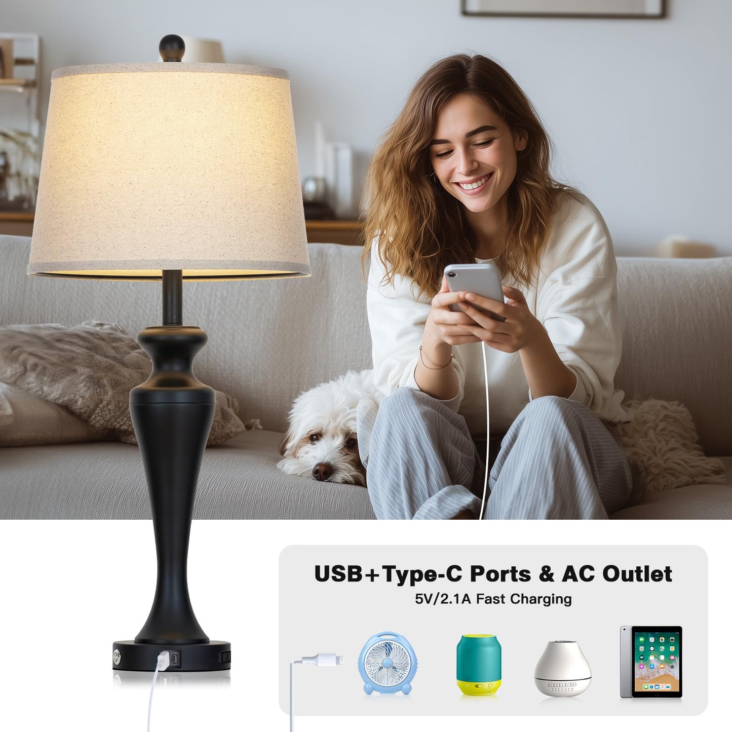 CINSARY 30“ Black Table Lamps for Living Room, 3-Way Dimmable Touch Control Lamp with USB A+C Ports and AC Outlet, Tall Bedside Lamps Set of 2, Metal Bedroom Lamp for Nightstand, 2 Bulbs Included