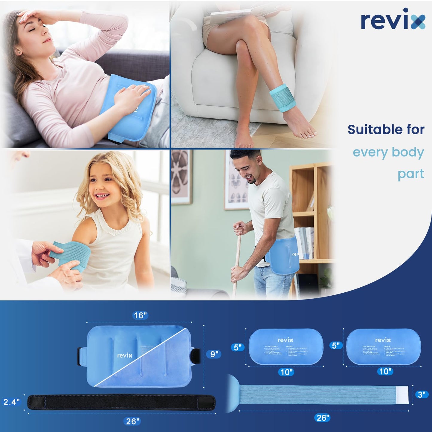 REVIX Ice Packs for Injuries Combo – 2 Packs of 10"x5" Hot Cold Gel Packs Reusable & 16"x9" Large Back Ice Pack, Flexible for Knees, Back, Shoulders, Arms and Legs, Care Package for Women and Men
