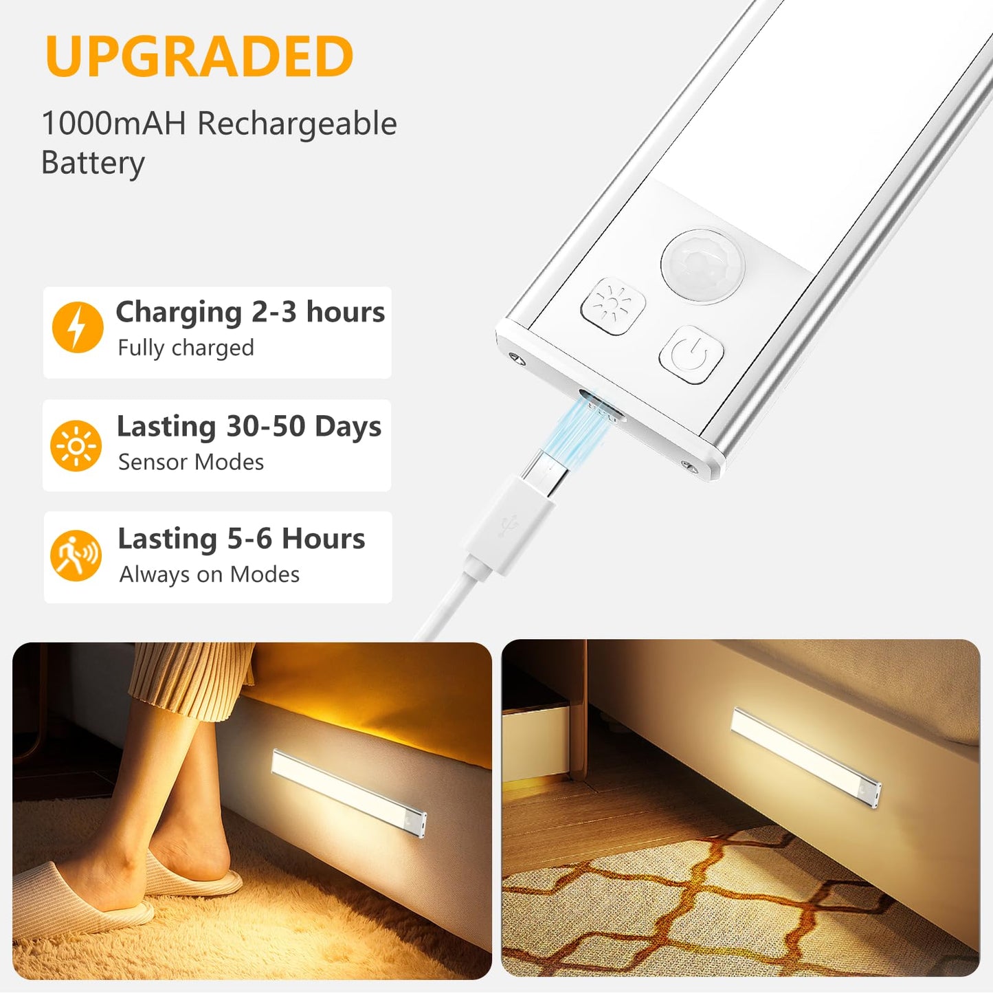 OUILA Under Cabinet Kitchen Lights, 64 LED [2 Pack] 3 Color Stepless Dimming Motion Sensor Lights Indoor, 1000mAh USB-C Rechargeable LED Lights for Cupboard, Kitchen