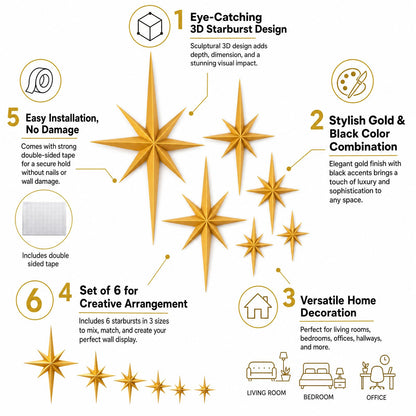 Shudyear 6 Pack Starburst Wall Decor Set, 3D Retro Mid Century Modern Star Wall Art, Gold/Black Plastic Celestial Wall Sculptures for Living Room, Bedroom, Apartment Decor (Gold)