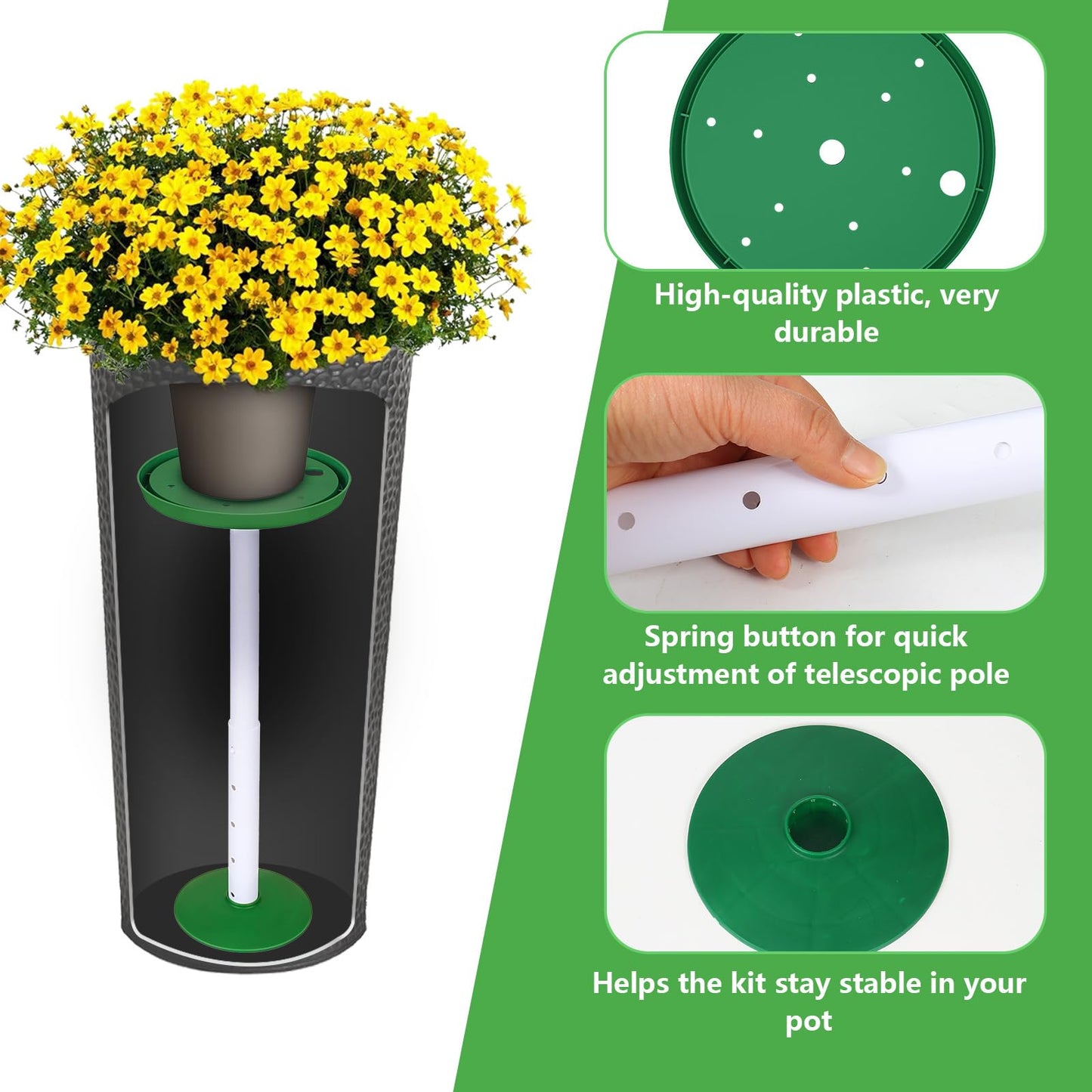 2 Pack Plant Riser Inserts for Large Pots, 8 in/10 in Interchangeable Sturdy Planter Inserts & 11 - 17 in Adjustable Height Lifters Planter Filler for Indoor & Outdoor Various Shapes Pots（Green）