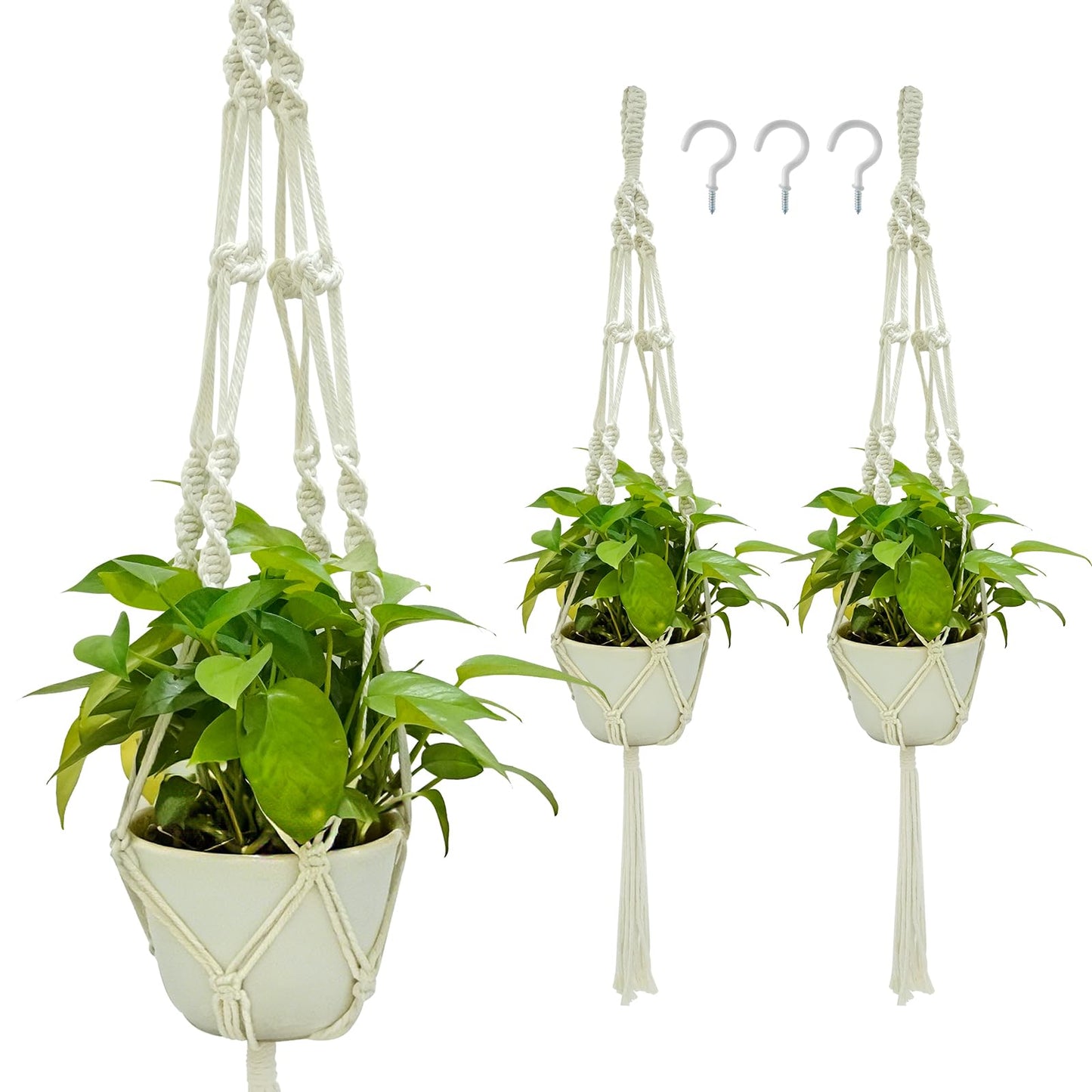 Newnessai 3Pcs Boho-Chic Plant Hangers with Hooks, Ivory Cotton Rope for Indoor/Outdoor Use, Fits 6-10 Inch Pots (Pots Not Included)