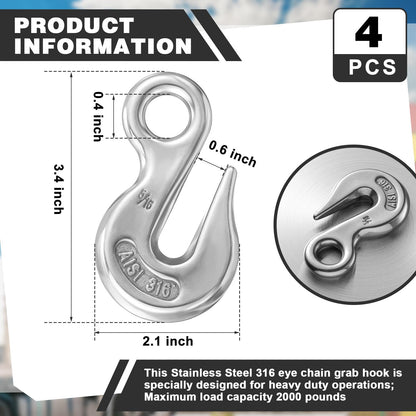 Otoolling 4 Pcs Stainless Steel 316 Eye Chain Grab Hook, 5/16 Inch, Heavy Duty Marine Grade for Truck, Boat, and Heavy Operations, 2000 Pounds Capacity