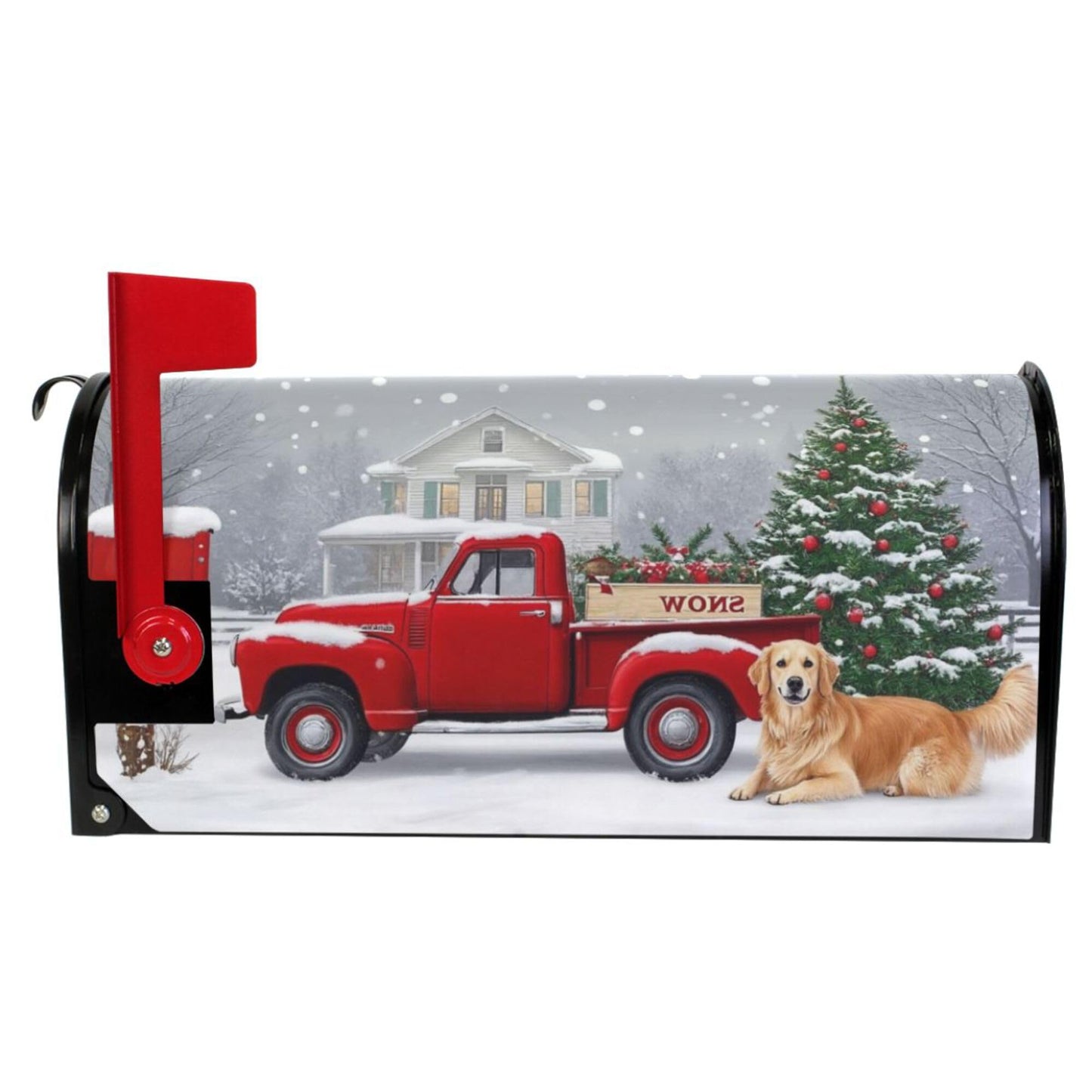Christmas Tree Red Truck Magnetic Mailbox Covers Winter Snow Golden Retriever Dog Mailbox Cover Standard Size Full Magnet Garden Yard Porch Mail Boxes Cover Holiday Decorations 21" L x 18" W