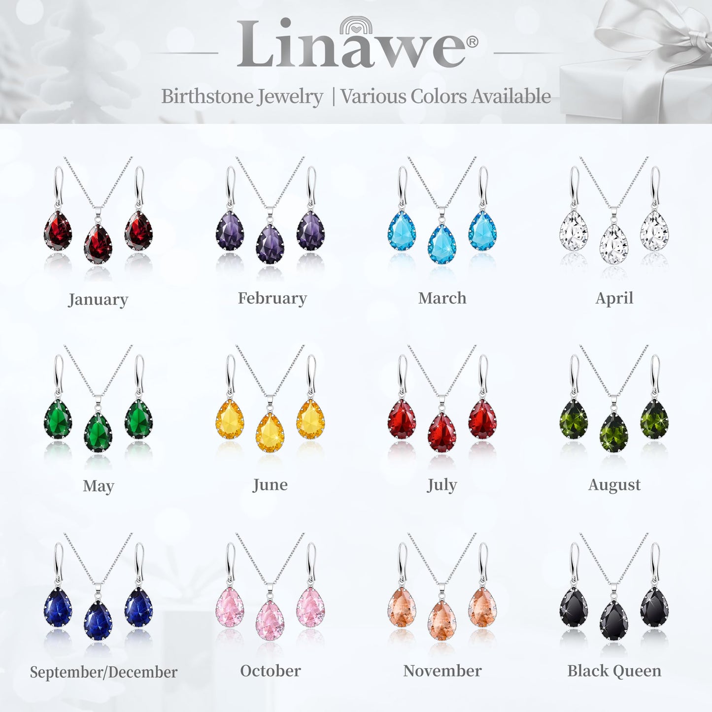 Linawe Crystal Imitation Diamond Wedding Jewelry Sets for Brides Bridesmaid, Silver Pendant Necklace Set, Rhinestone Drop Dangle Earring Set, Cubic Zirconia Birthstone Teardrop Matching Jewelry