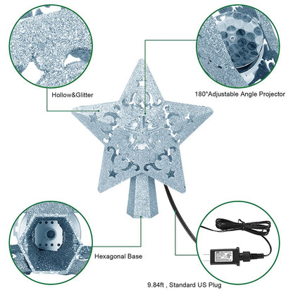 YUEWO Star Christmas Tree Topper Lighted with LED Rotating Snowflake Projector Lights, 3D Hollow Silver Star Snow Tree Topper for Christmas Tree Decorations