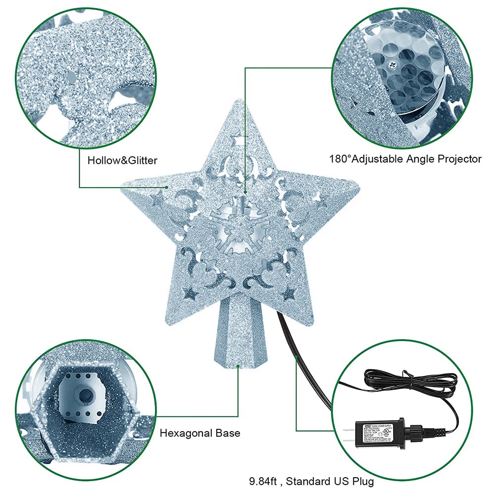 YUEWO Star Christmas Tree Topper Lighted with LED Rotating Snowflake Projector Lights, 3D Hollow Silver Star Snow Tree Topper for Christmas Tree Decorations