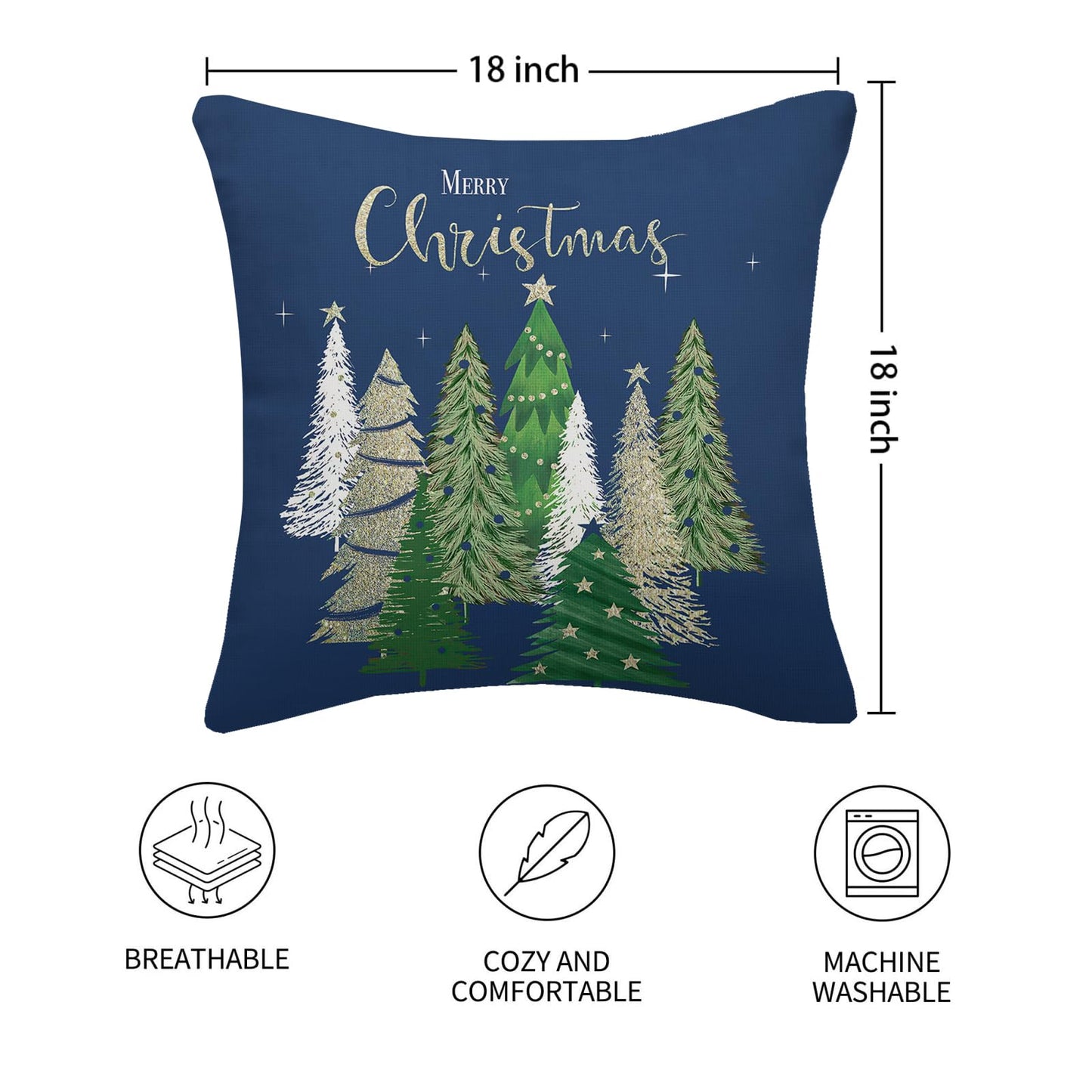 AELUTYSH Blue Christmas Pillow Covers 18x18 Inch Set of 2, Christmas Tree Gold Star Decorative Throw Pillows Winter Pillow Case Holiday Christmas Decor Cushion Cover for Home Sofa Couch
