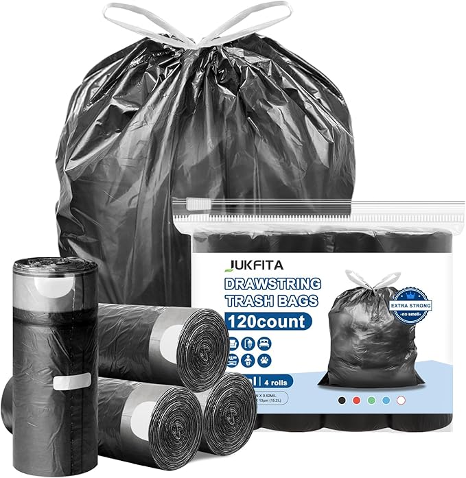 Small Trash Bags Drawstring 120 Count, JUKFITA Extra Strong 4 Gallon Garbage