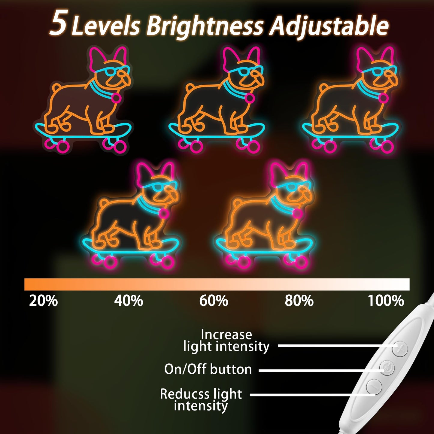 Bulldog Skateboarding Neon Sign, Cute French Bulldog Dimmable Led Neon Night Lights Up Animal Decor for Bedroom Living Room Man Cave Home Bar Wall Decoration, Birthday Party Gifts Christmas for Kids Girls Boys Adults (Dog)