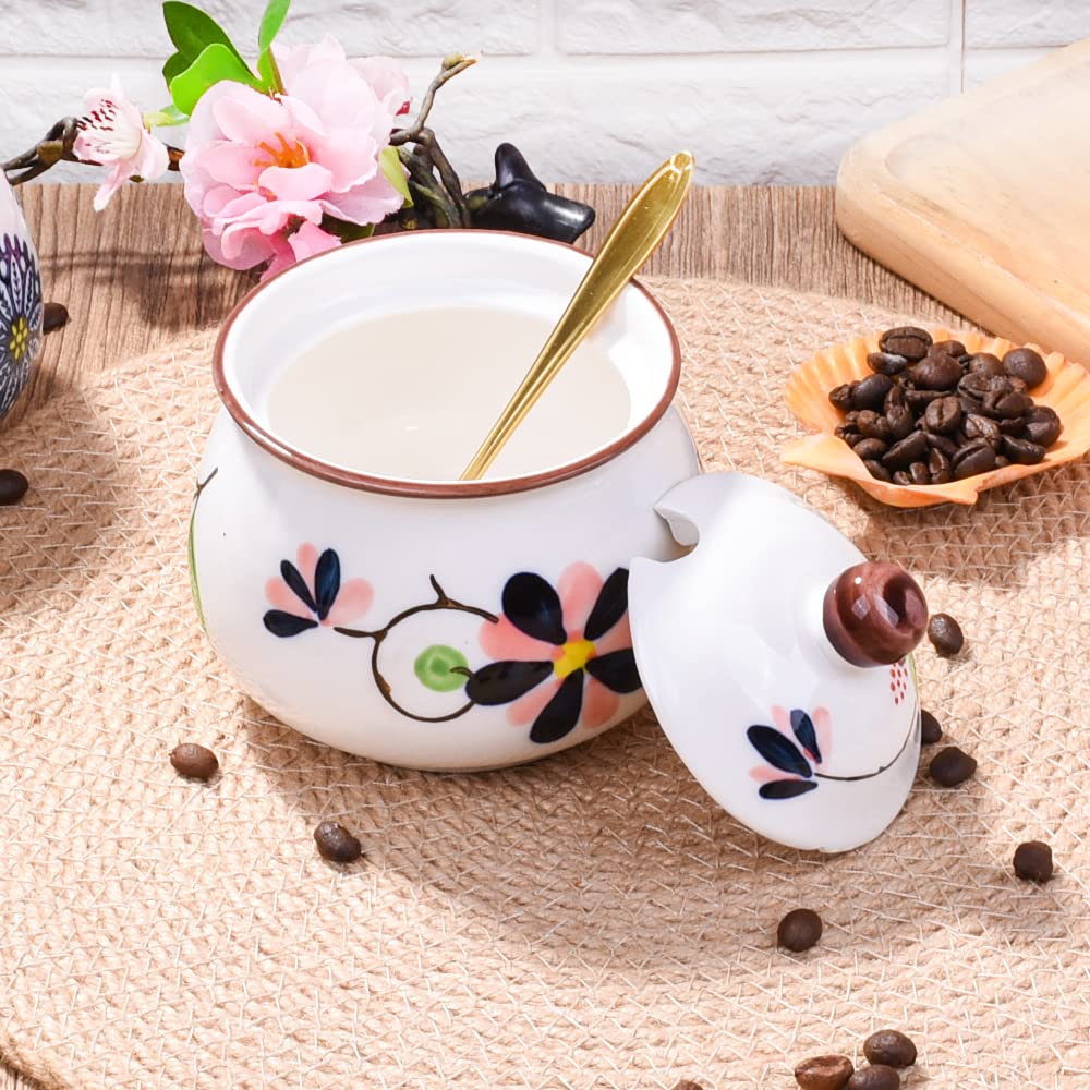 Whitenesser Ceramic Sugar Bowl with Lid and Spoon - 10.8oz Hand-Painted Floral Sugar Jar, Porcelain Salt Cellar for Kitchen Counter & Coffee Bar - Decorative Spice Jar for Honey, Jam, Seasoning