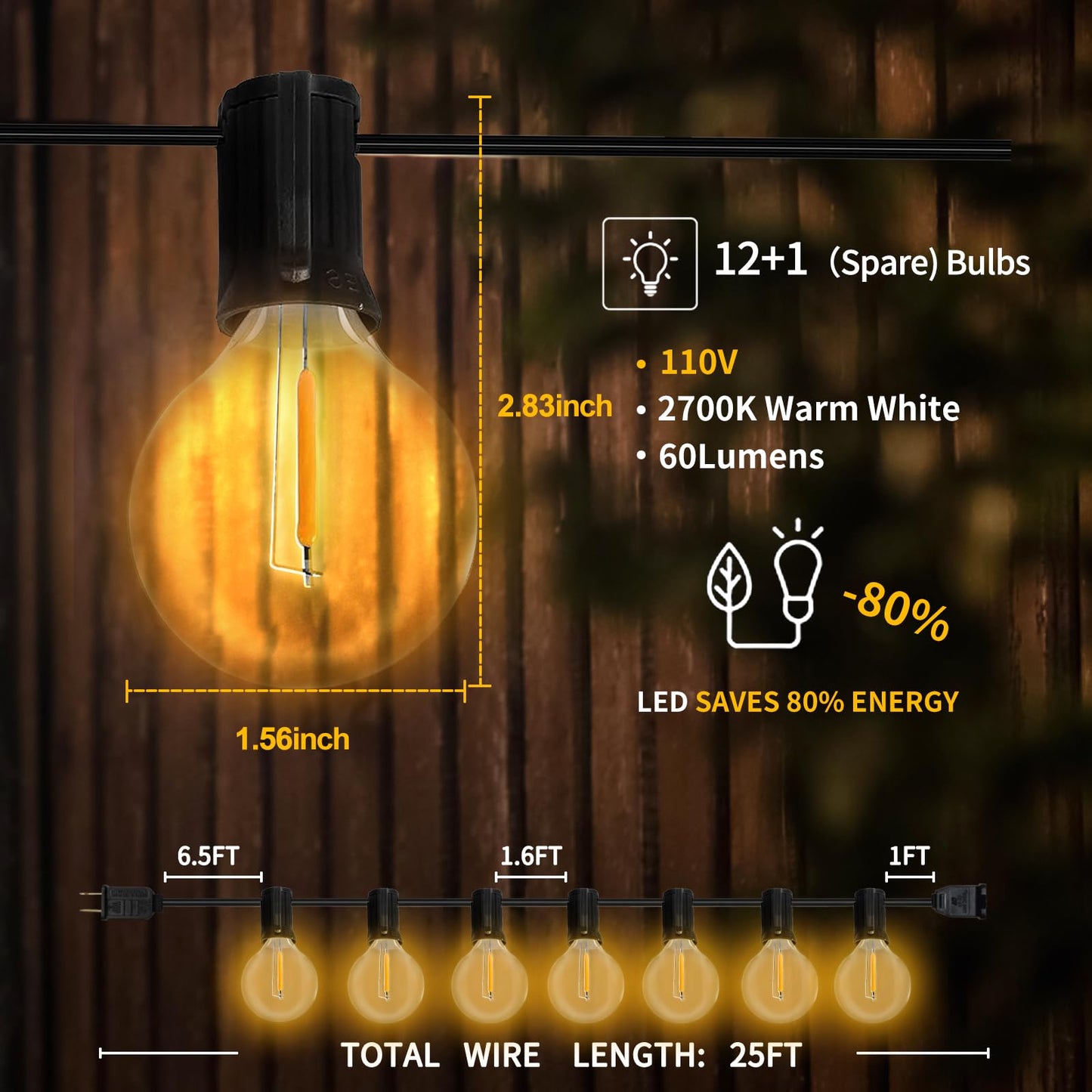 GvvooHome Outdoor String Lights, LED Patio Hanging Lights with Waterproof G40 Globe Plastic Bulbs for Outside Backyard Porch Garden Cafe Decor (25ft - 14 LED Bulbs)