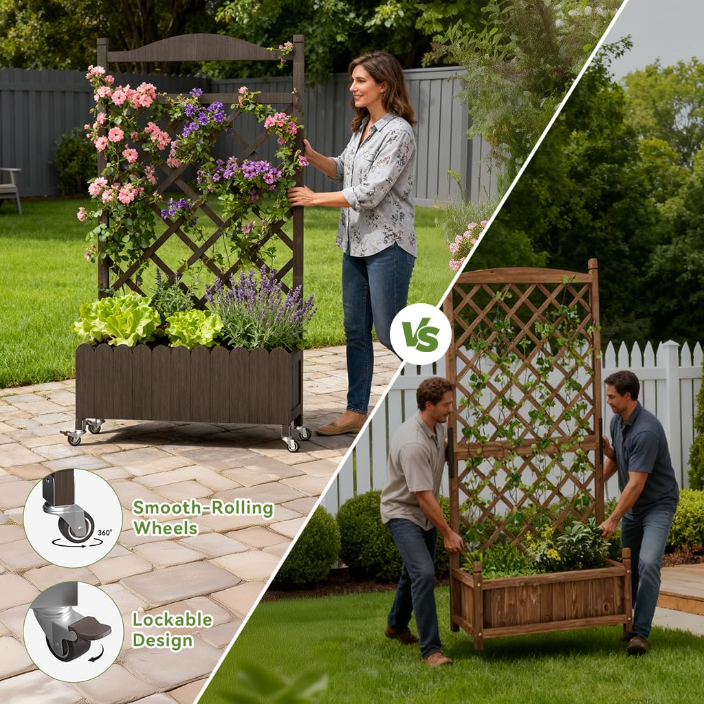 COMHOMA 2 Pack Raised Garden Bed with Trellis and Wheels,48Inch Elevated Planter Box with Drainage Holes,Lattice Privacy Screen for Climbing Plants Vegetables,Outdoor for Patio Balcony Yard,Brown