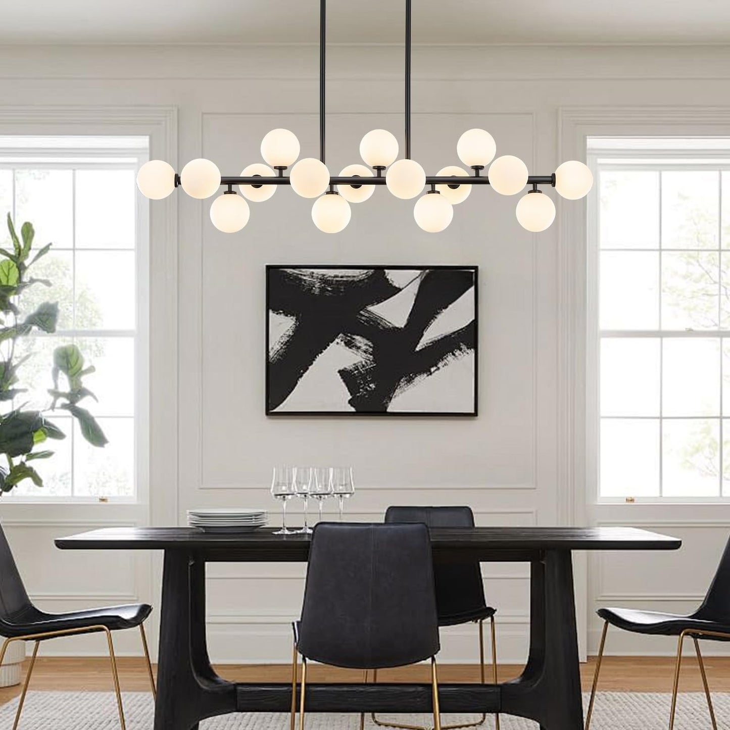 Wystco 56 Inch Black Linear Chandeliers for Dining Room, Kitchen Island, Living Room, 16-Light Mid Century Modern Light Fixture Over Table, Large Milk White Glass Globe Sputnik Bubble Chandelier