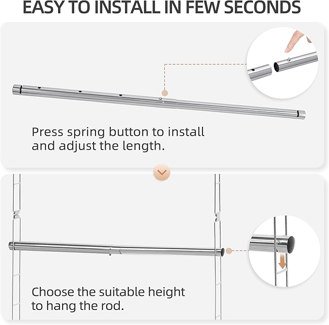 STORAGE MANIAC Hanging Closet Rod, Adjustable Width and Height Closet Hanging