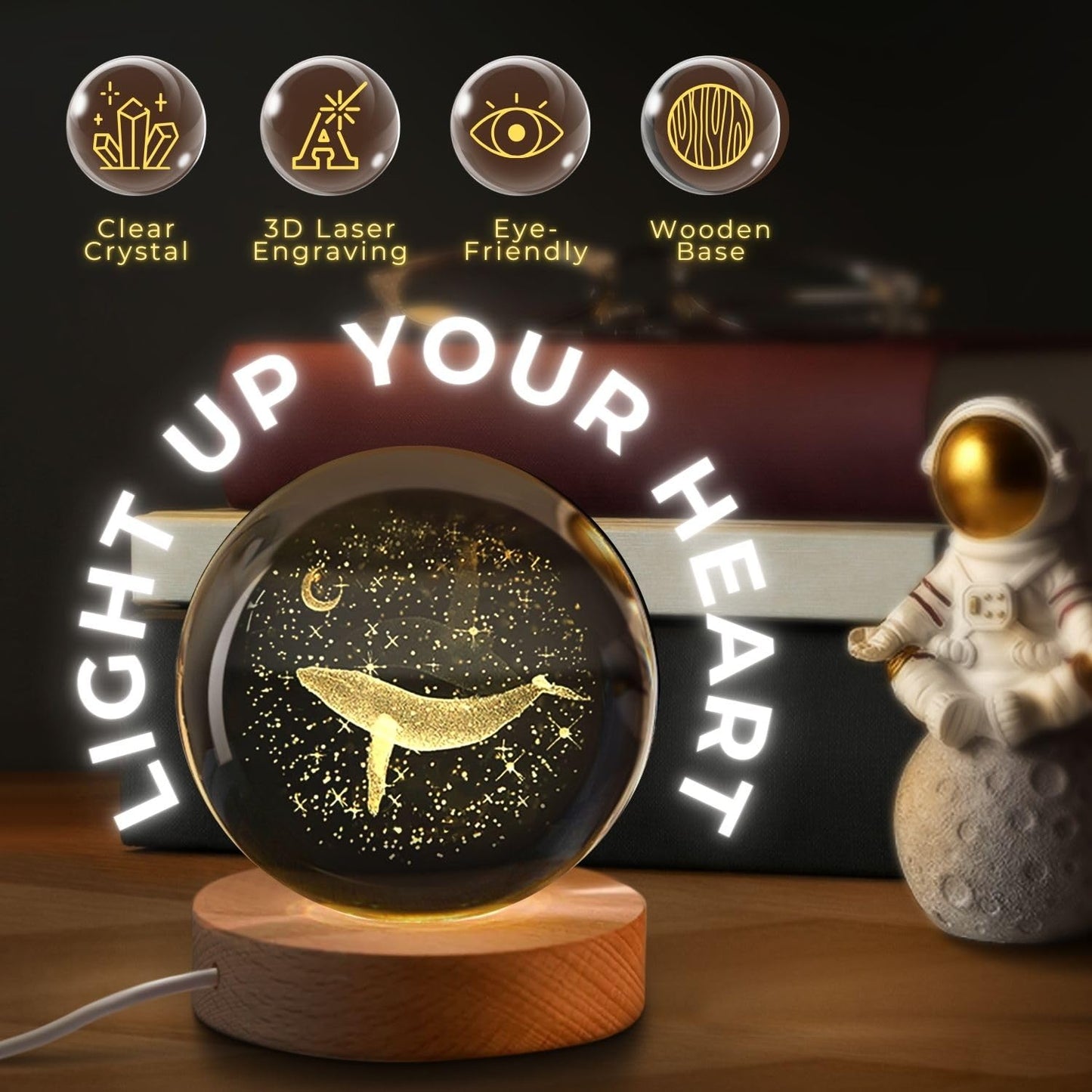 Flexzion 3D Whale Crystal Ball Night Light - LED Light Hologram Glass Lamp with Solid Wood Base, USB Powered Crystal Ball Lamp with Adjustable Brightness for Home Decor Display Gift, 2.4inch(60mm)