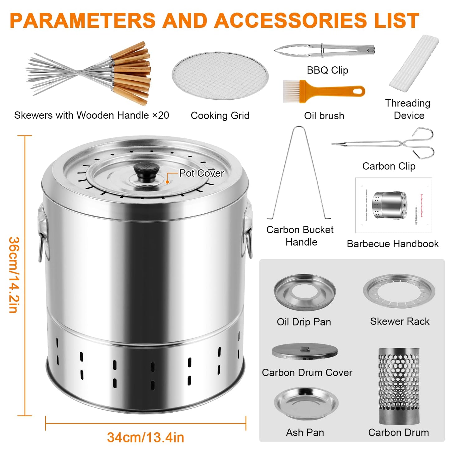 Smokeless Charcoal Hanging Kebob Grill, Stainless Steel With 20 Skewers, Portable Smokeless BBQ Charcoal Grill for Travel Camping Picnic Patio Backyard