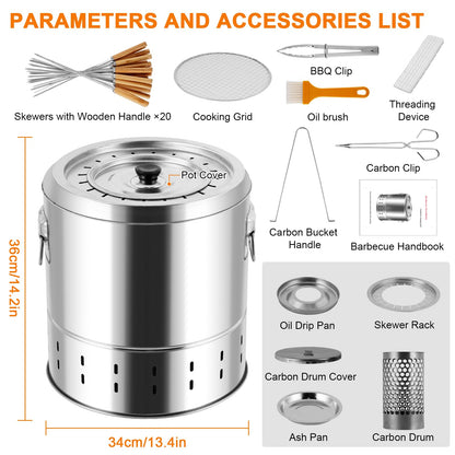 Smokeless Charcoal Hanging Kebob Grill, Stainless Steel With 20 Skewers, Portable Smokeless BBQ Charcoal Grill for Travel Camping Picnic Patio Backyard
