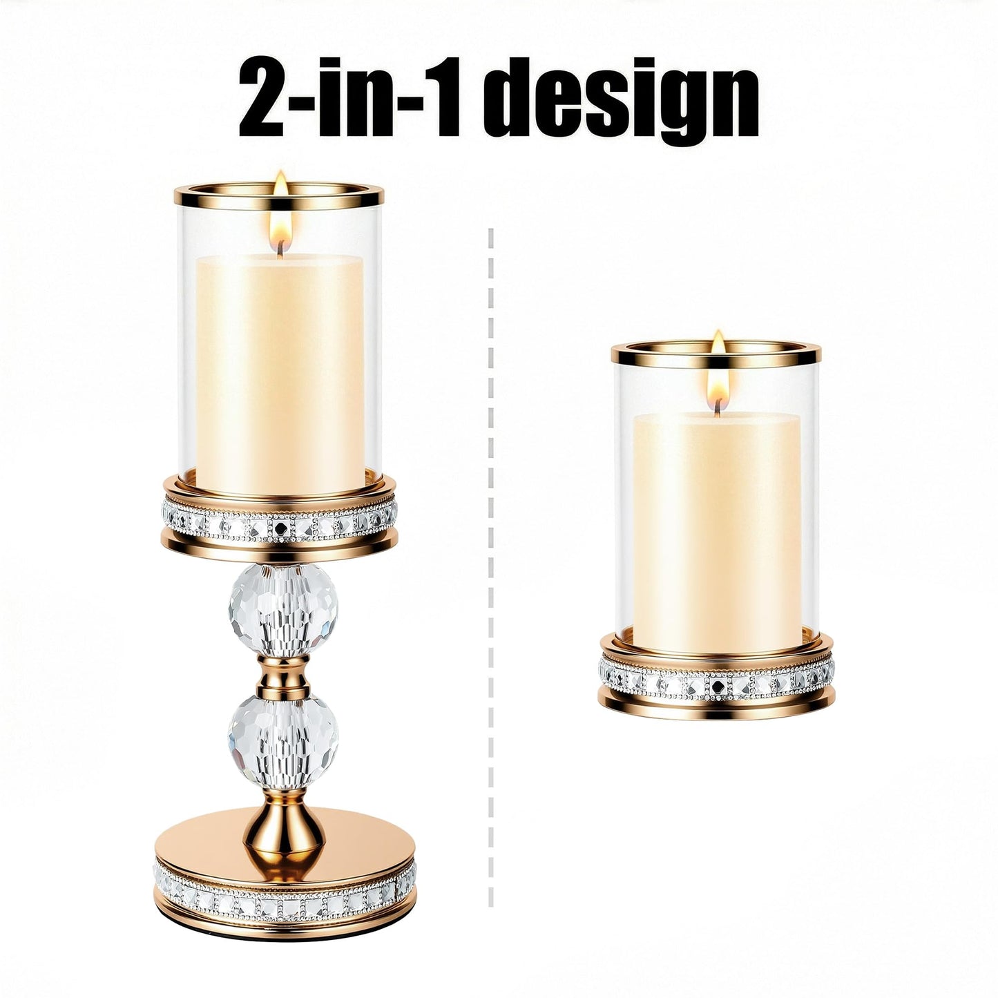 12.4" Tall Hurricane Candle Holder, Pillar Candle Holders with Glass Sleeve with Gift Box, Crystal Candle Stands for Home Warming, Weddiing, Dining Room Decor, Table Centerpiece (2, Gold, M)