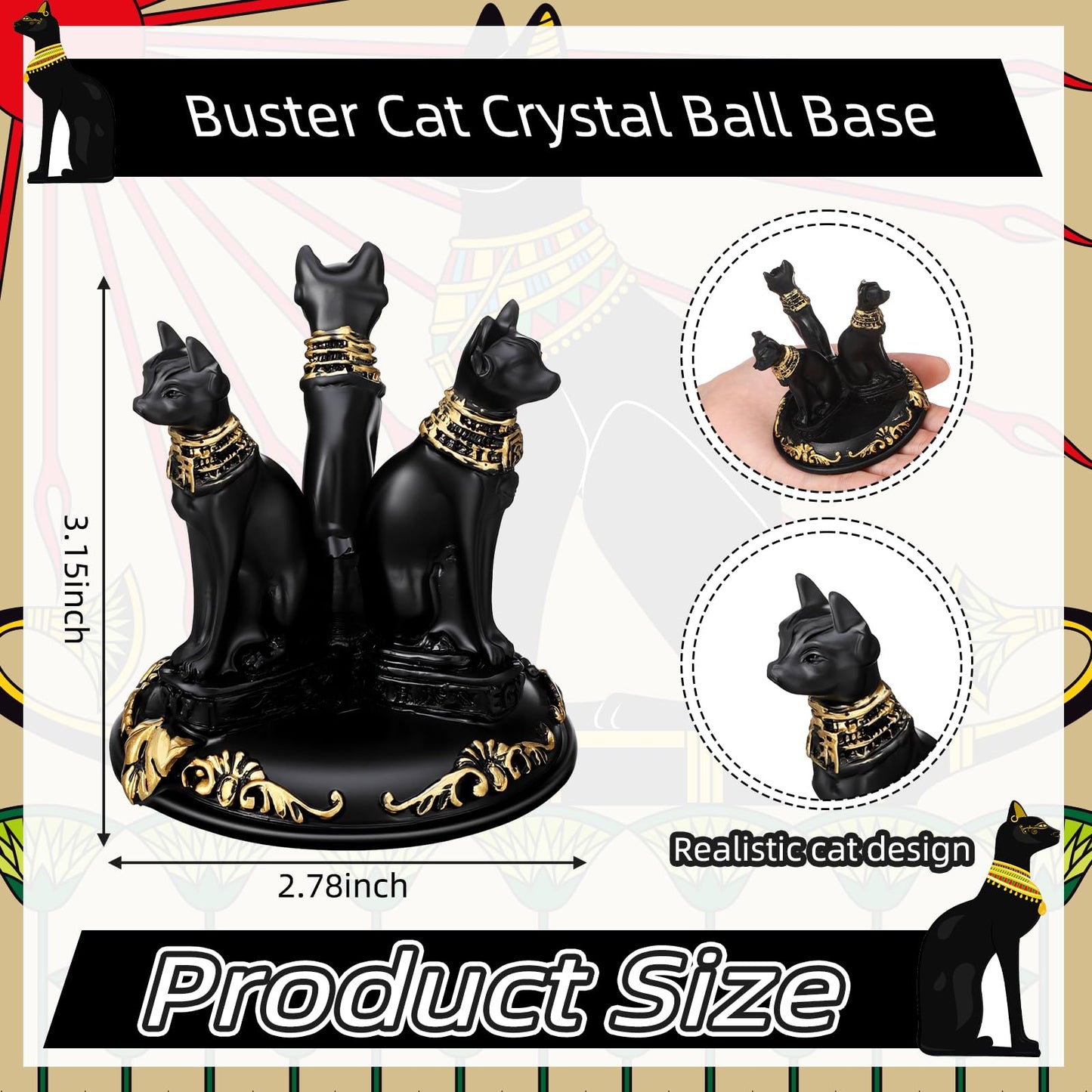 Geelin 2 Pcs Bastet Cat Sphere Stand Egyptian Cats Crystal Sphere Holder Black Ball Display Base Resin Figurines Statue Home Decoration for 50-55mm Spheres