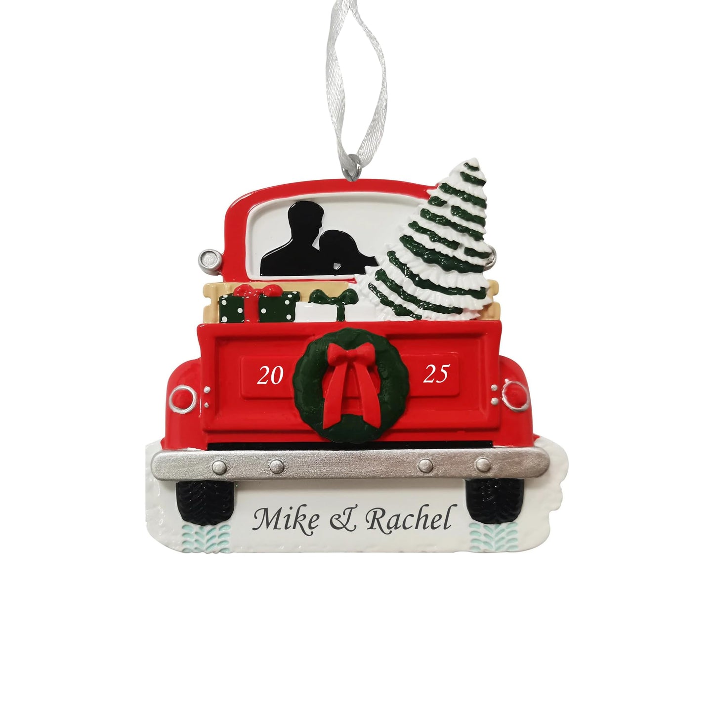 2025 Couple Personalized Christmas Ornament – Custom Ornament Gift for Couples, Newlyweds, Married & Engaged Partners – Engraved Decoration for First Christmas Together (Red Truck Couple)