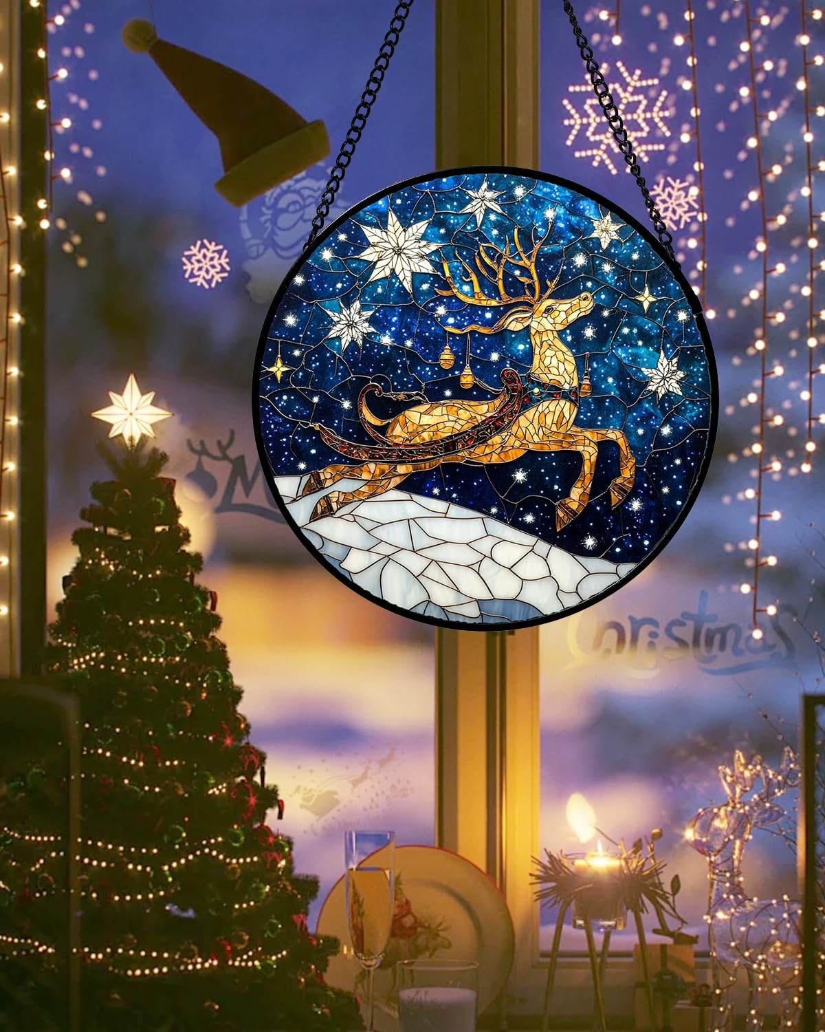 HWRHTR Stained Glass Window Hanging - Reindeer Blue Starry Sky Suncatcher for Doors Home Christmas Decoration Winter Sun Catcher Thanksgiving New Year Birthday Gifts for Women Men Mom Nana 7.8 in