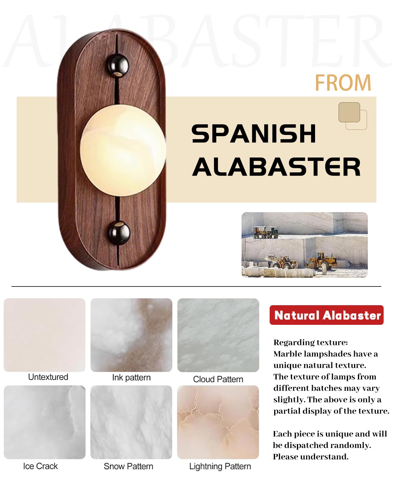 ALABABATA Natural Marble Wall Sconce, 10.5" High Alabaster Wall Sconces with White Stone Lampshade and Wood Grain Metal Base, Mid Century Modern Wall Lights Fixture for Bedroom Living Room Hallway