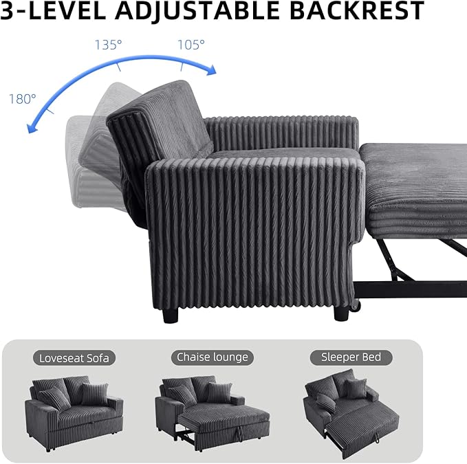 3 in 1 Convertible Sofa Bed，52.8" Pull Out Couch