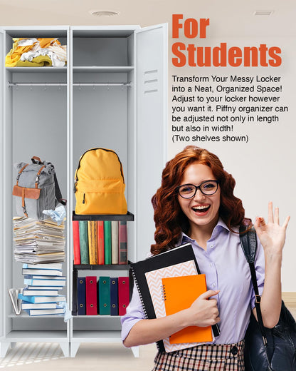 Piffny Locker Organizer Shelf， Adjustable Width and Height, Stackable, Ideal Locker Shelf for School, Office, Gym Lockers, or Even Kitchen Cabinets & Under Sink Organization(White 2 Pack)