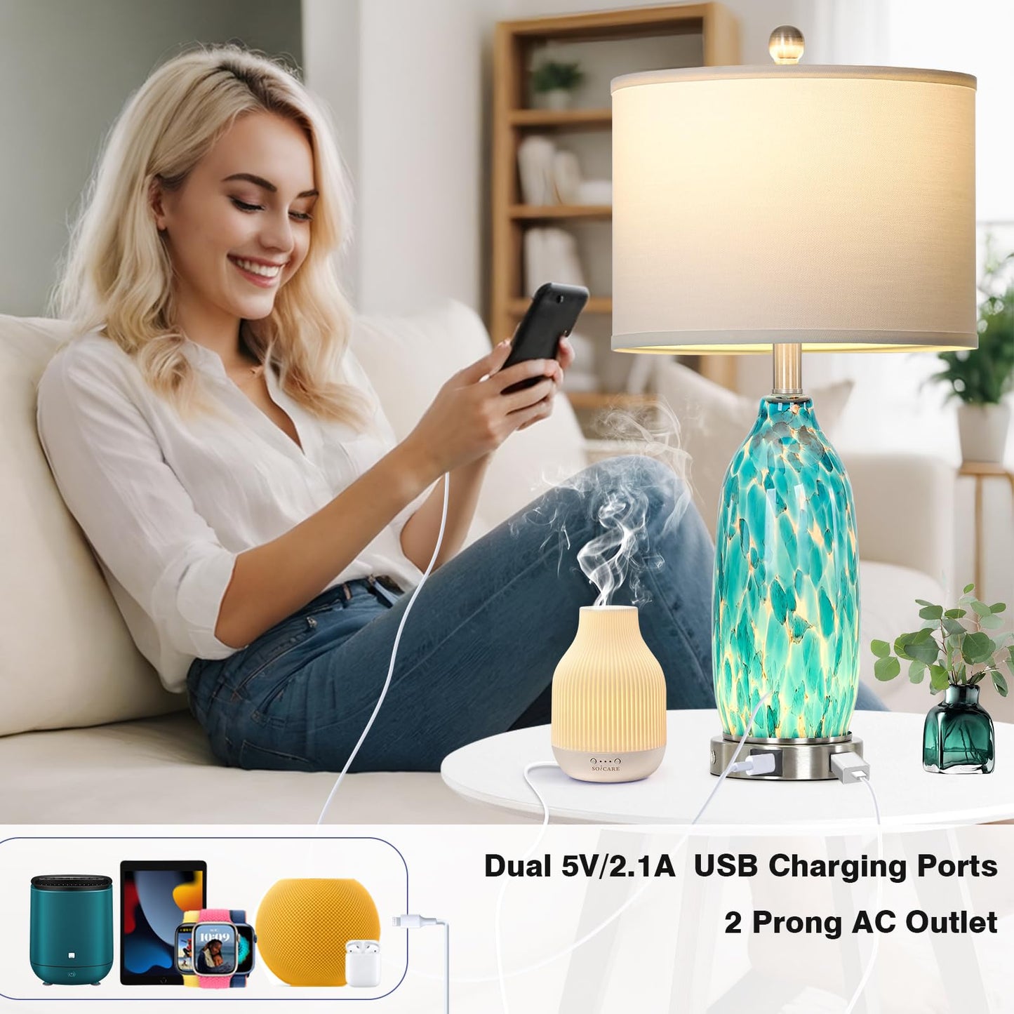 Rinweey 26" Peacock Green Glass Table Lamps Set of 2,Coastal Nautical Bedside Lamps with USB Ports & AC Outlet,Lamparas Elegantes para Cuarto with Night Light for Bedroom Living Room Decoration