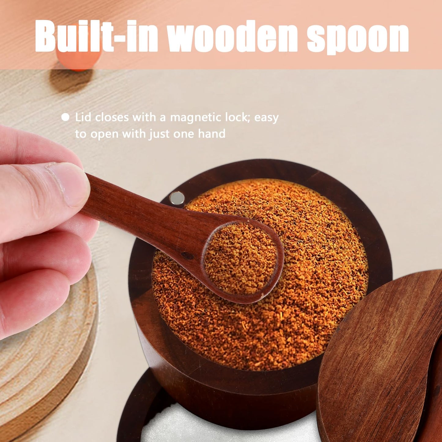 FALESOUL Acacia Wood Salt and Pepper Bowl, 2 Tier Bamboo Kitchen Salt and Pepper Storage Box with Magnetic Swivel Lids, Nature Wood Salt Cellar and Spices Storage Box for Seasonings Spices Pepper