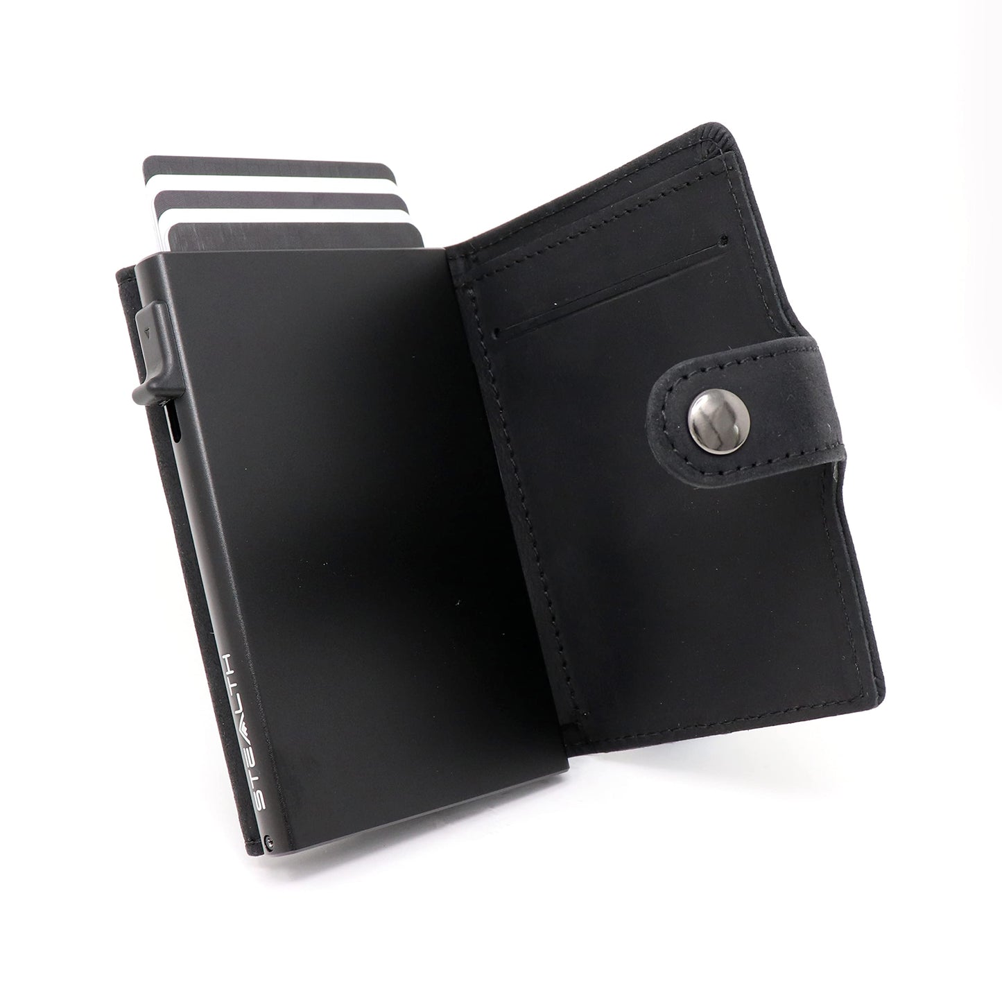 Stealth Wallet - Smart Minimalist Card Holders - RFID/NFC Blocking Pop Up Wallets with Gift Box - Credit Cards Holder & Contactless Protection (Black with Black Crazy Horse Leather and Coin Pocket)