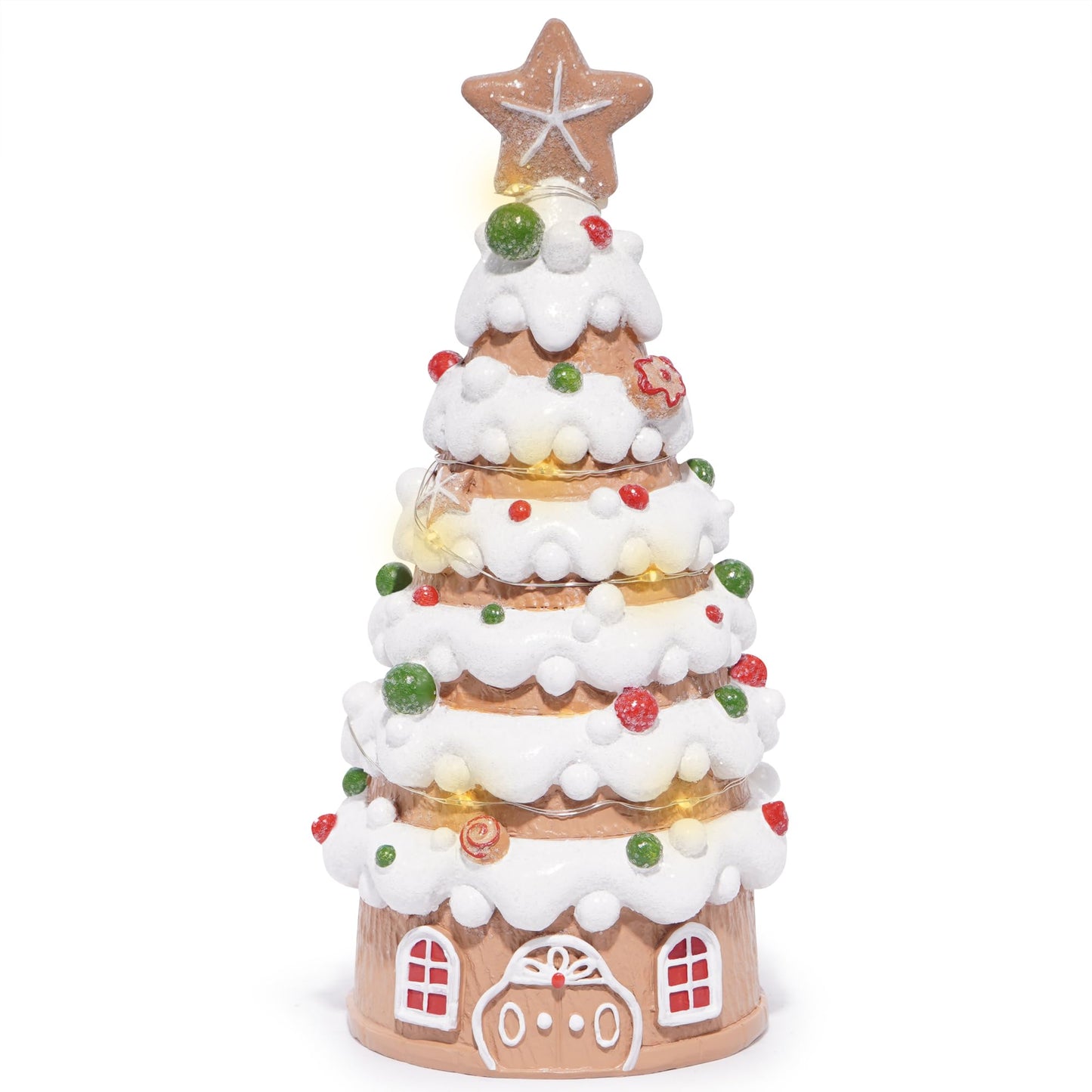 Hodao Christmas Village House Decorations Gingerbread House with Xmas Tree Theme, Battery-Powered (2 AAA) 8.6" H Resin Christmas Tree Decor for Indoor Festive Home or Party (Tree-1)