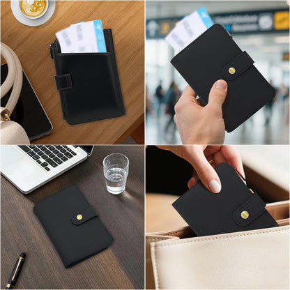 Genuine Leather Passport Wallet, RFID Blocking Passport Holder with Tracker Slot, All in One Travel Wallet for Women/Men, Secure Passport Cover Case for Airport Essentials (Black)