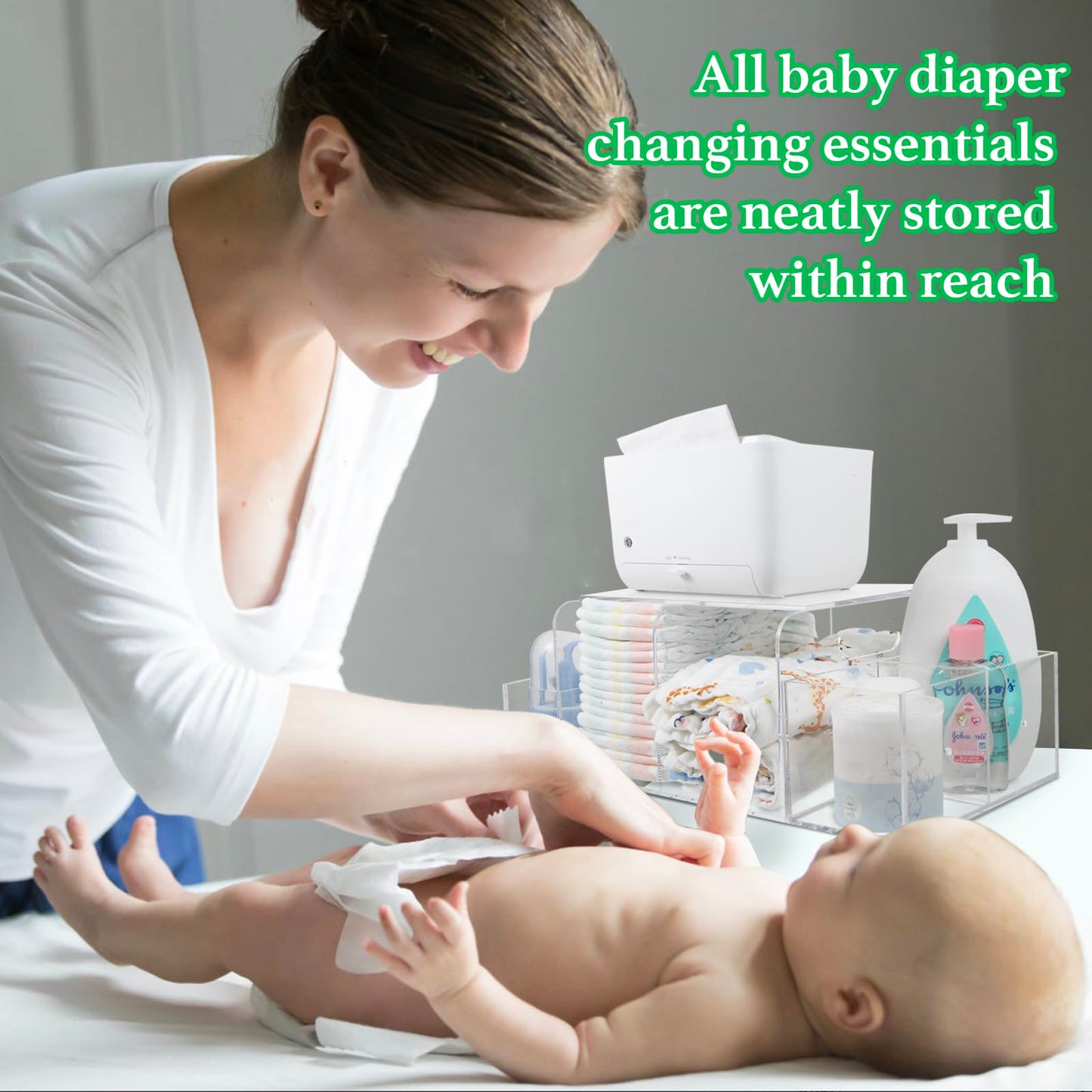 NANYEZH Acrylic Diaper Caddy, Baby Wipes Organizer for Changing Table, Dresser Top Tabletop Organizer with 4 Detachable Compartments, Anti-slip Rubber Feet, Newborn Baby Essentials, Clear