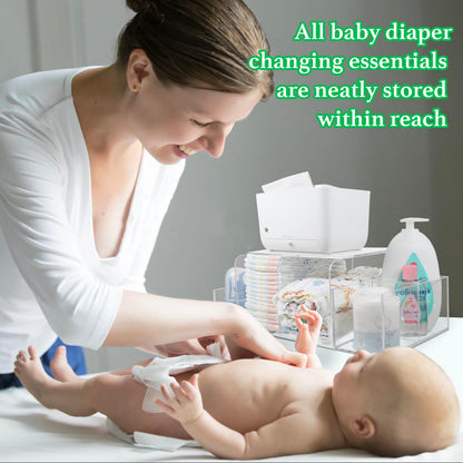 NANYEZH Acrylic Diaper Caddy, Baby Wipes Organizer for Changing Table, Dresser Top Tabletop Organizer with 4 Detachable Compartments, Anti-slip Rubber Feet, Newborn Baby Essentials, Clear