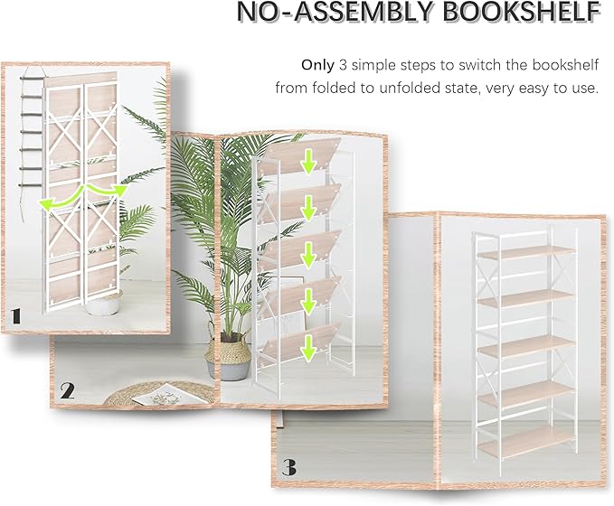 4NM 5 Tiers No Assembly Book Shelves, 51.2" H Folding Bookshelf Bookcase Open