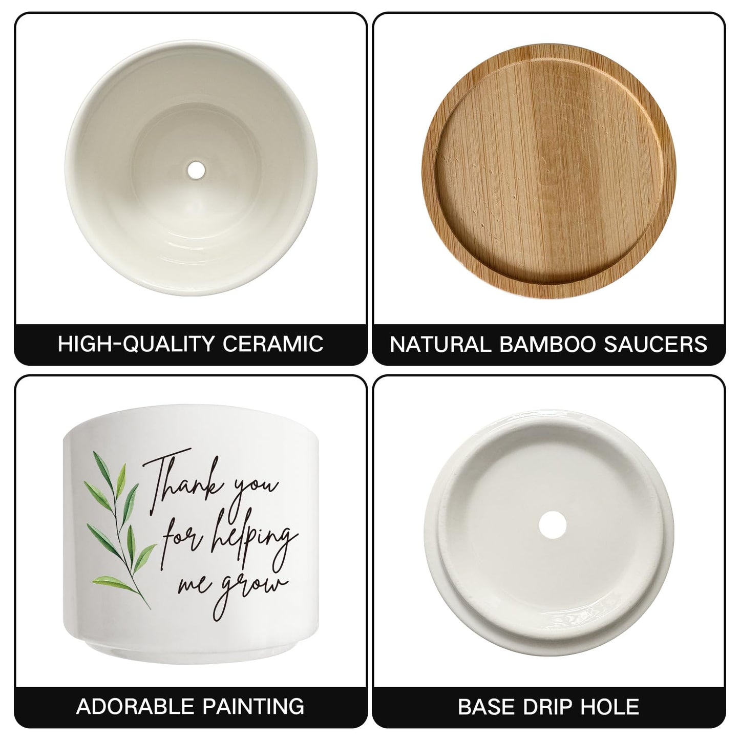 Arosedmo Thank You for Helping Me Grow Succulent Cactus Planter Pots with Bamboo Tray, Office Kitchen Home Windowsill Indoor Tabletop Decor, Gift for Friends Mom Teachers Plant Lovers