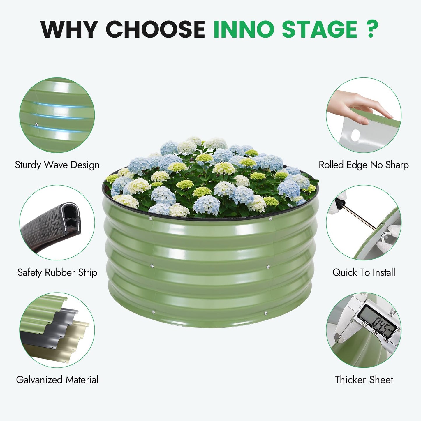 INNO STAGE 3 Pcs Round Galvanized Raised Garden Bed — 2×2×1ft Planter Box Outdoor Raised Beds Kit for Gardening Vegetables, Fruits, Herbs, and Flowers, Olive Green