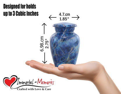 Marble Finish Metal Mini Keepsake Urn for Human or Pet Ashes - Token Sharing Memorial Urn with Velvet Bag (Exotic Blue)