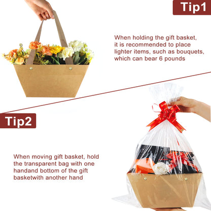 KEVTVEK Bigger Baskets for Gifts Empty, 6 Pack Sturdy Kraft Basket With Handles Gift Basket Kit, 6 Shrink Wrap Bags, 6 Bows and Hang Tag, Empty Gift Baskets to Fill for Birthday Christmas Baby Shower