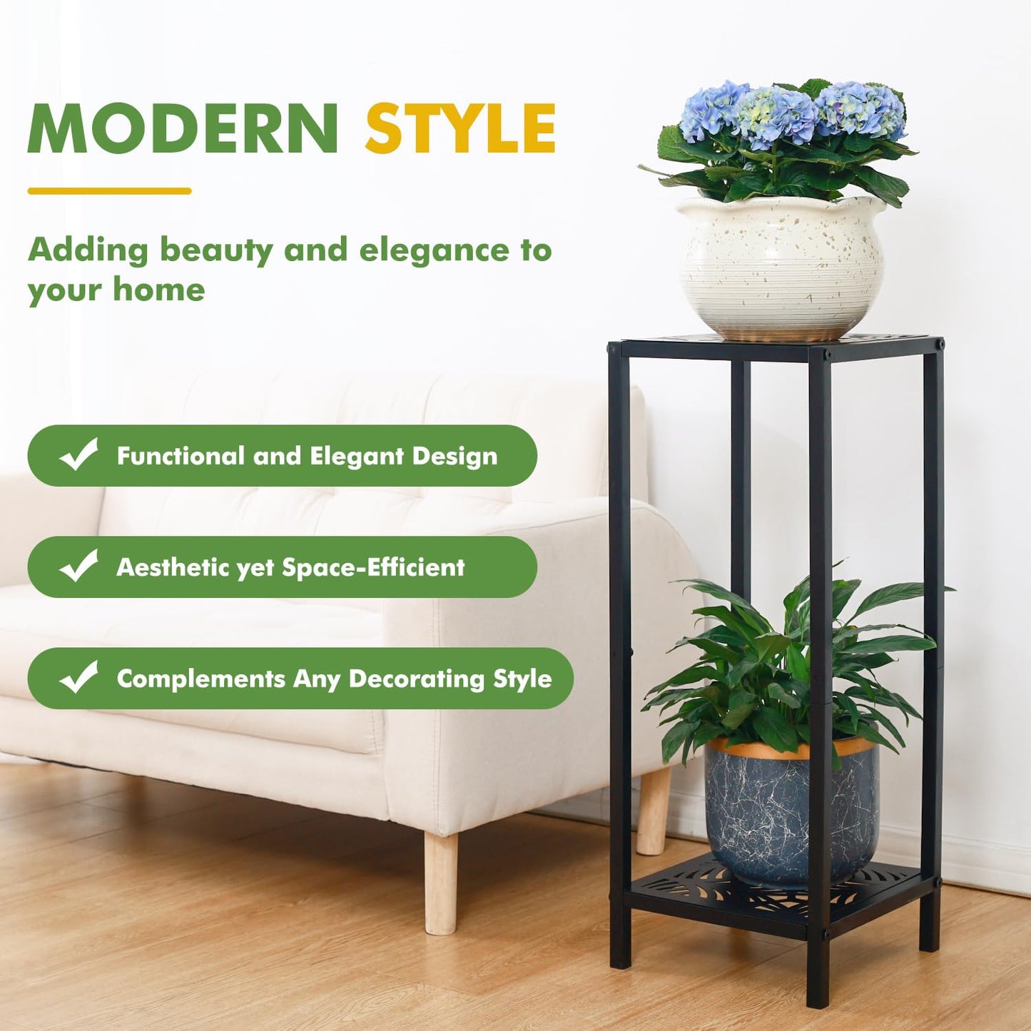 Party Zealot 2-Tier Tall Metal Square Plant Stand 31" Heavy-Duty Modern Flower Pot Rack for Indoor Living Room, Corner Side Table for Outdoor Patio, Garden, and Balcony Black, Leaf