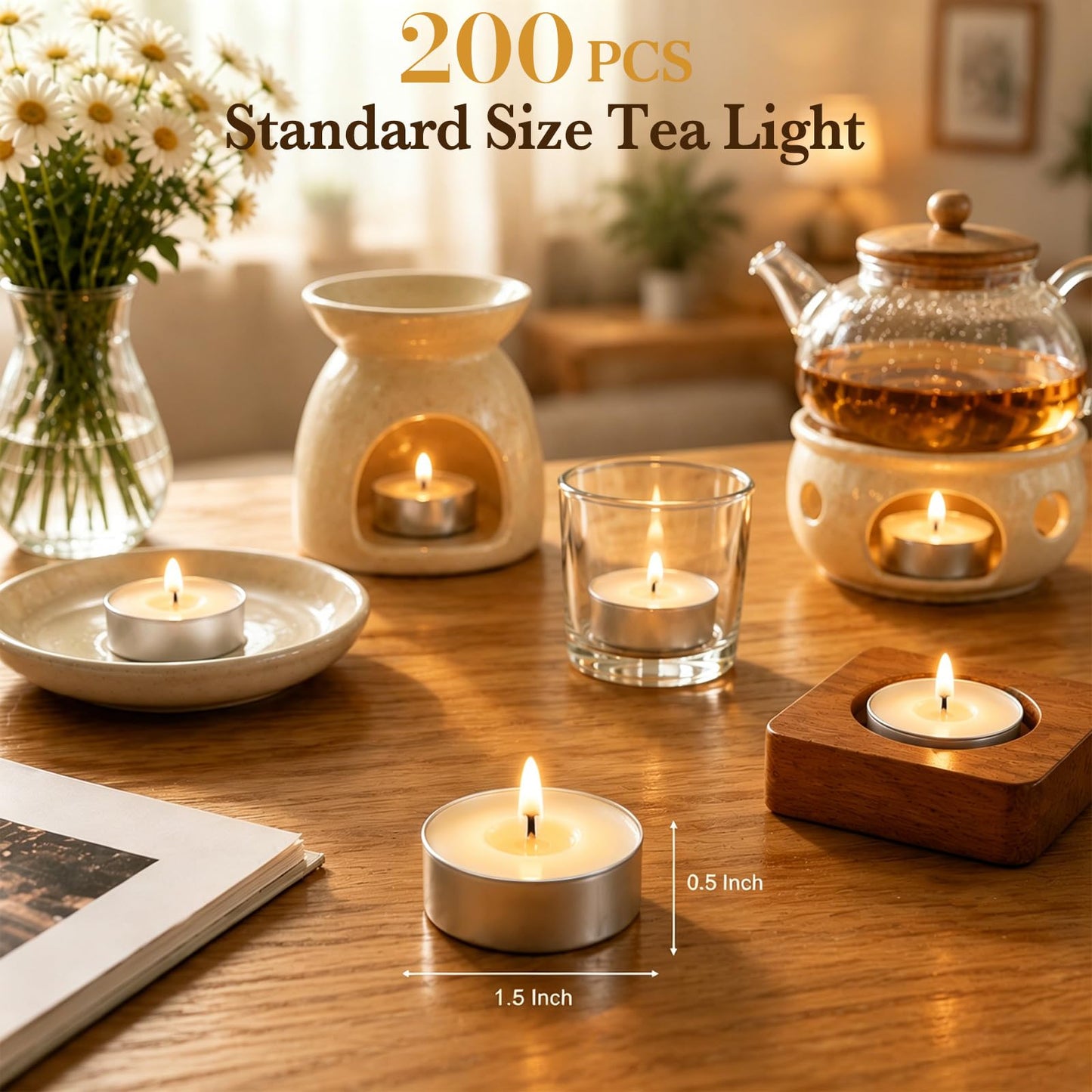 MOSROAD Tea Lights Candles 200 Pack, 4 Hour Palm Wax White Tealight Candle Bulk for Home, Natural Unscented Small Votive Candles for Wax Warmer, Smokeless Tea Light for Wedding, Shabbat, Emergency