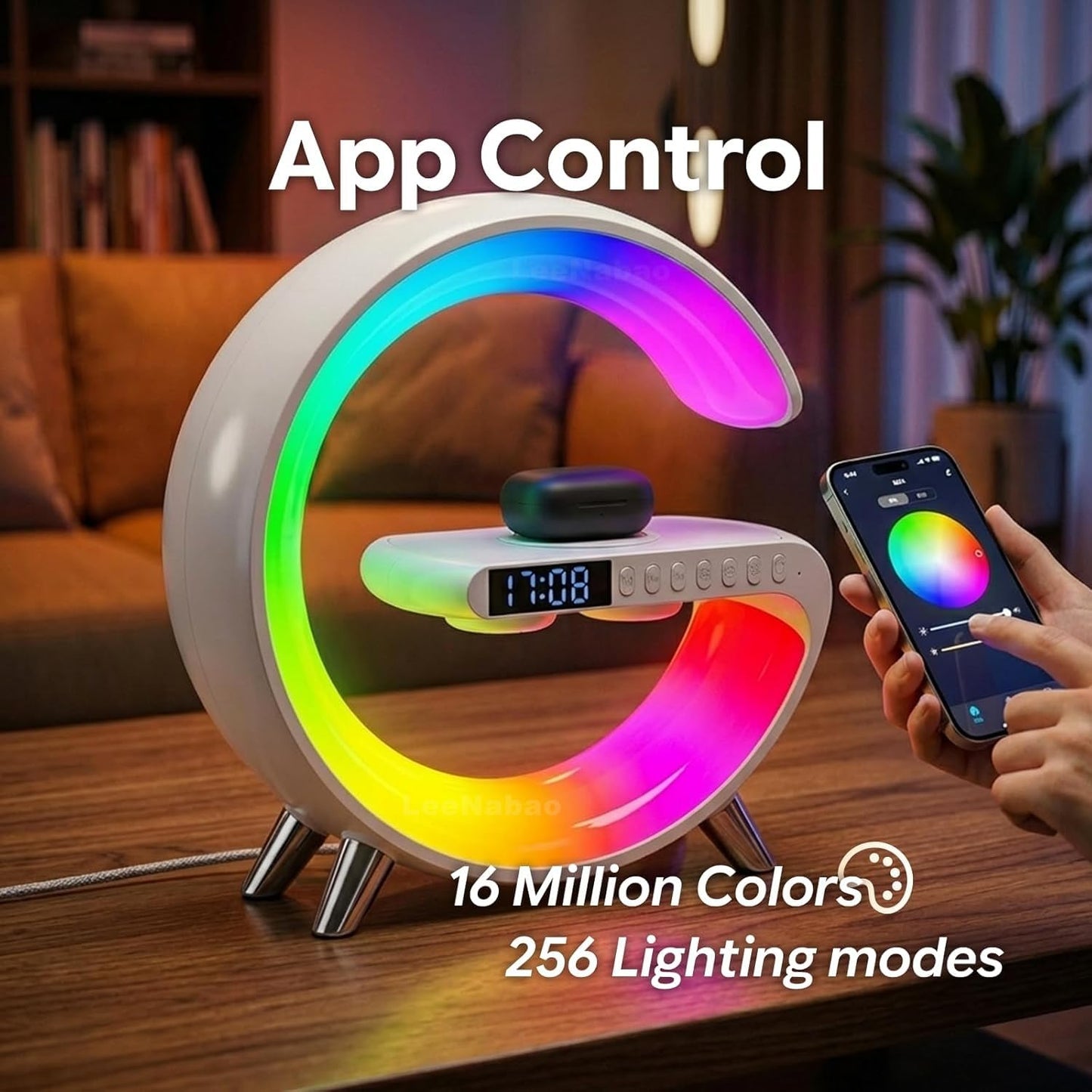 Smart LED Table Lamp,4-in-1 Wireless Charger with Speaker,Night Light, Alarm Clock, and Bluetooth Speaker with App Control, Ideal Gifts for Home, Office, Christmas(White)